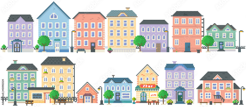 Pixel art empty city vector. Pixelated city downtown landscape with small houses and buildings. Design for mobile app, computer game. Low-rise apartment buildings isolated on white background