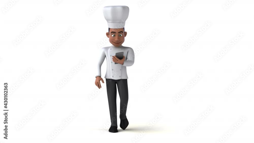 Fun 3D cartoon chef walking with a smartphone Fun 3D cartoon chef walking with a smartphone