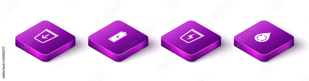 Set Isometric Send to the trash, Battery, Lightning with can and Recycle clean aqua icon. Vector Set Isometric Send to the trash, Battery, Lightning with can and Recycle clean aqua icon. Vector
