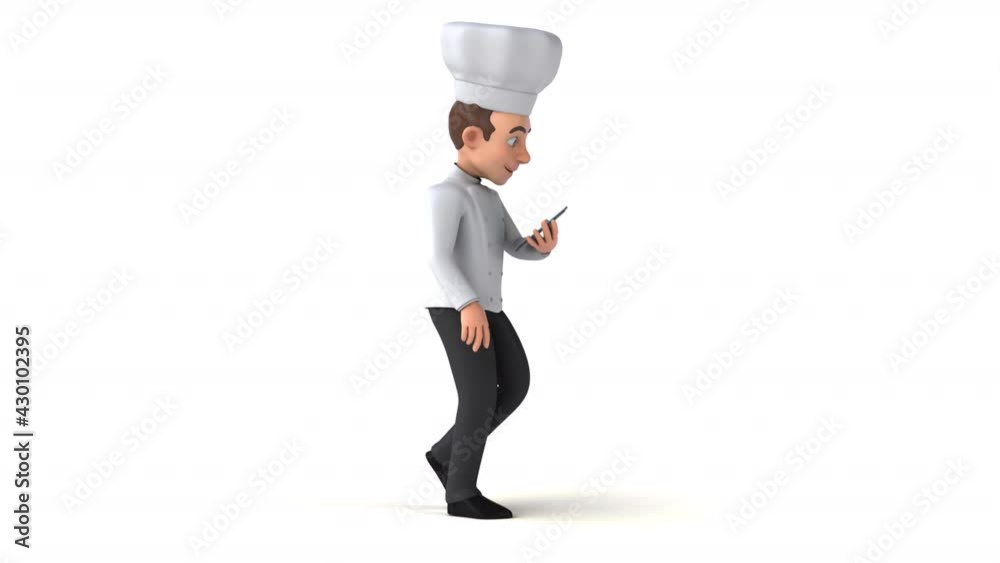 Fun 3D cartoon chef walking with a smartphone Fun 3D cartoon chef walking with a smartphone