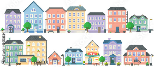 Pixel art empty city vector. Pixelated city downtown landscape with small houses and buildings. Design for mobile app, computer game. Low-rise apartment buildings isolated on white background
