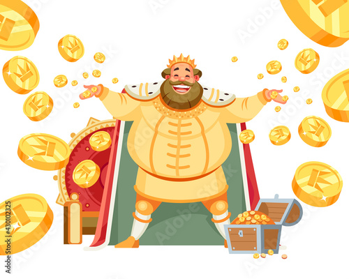 Celebrating happiness, Joyful king with a big smile throws gold, treasures. The concept of wealth. Treasure of gold wealth with bright sparkles, coins scatter in different directions. Vector cartoon