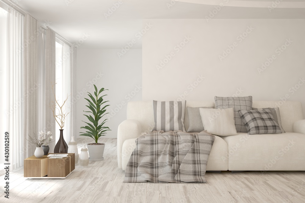 Fototapeta premium Soft color living room with sofa. Scandinavian interior design. 3D illustration