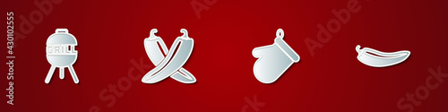 Set Barbecue grill, Crossed hot chili pepper pod, Oven glove and Hot icon. Vector