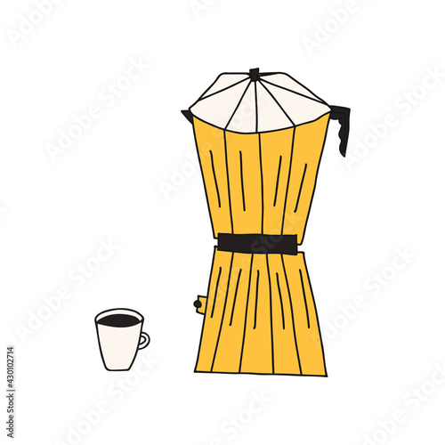Hand drawn doodle illustration of moka percolator coffee pot for brewing hot espresso coffee. Isolated on white background.