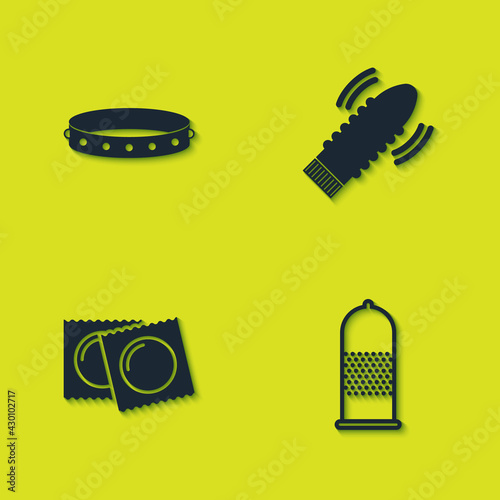 Set Leather fetish collar, Condom safe sex, Condoms in package and Dildo vibrator for games icon. Vector