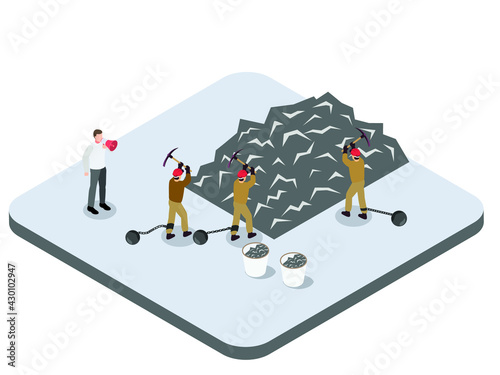 Slavery vector concept. Male boss using a megaphone to command group of his employees to mining coal with pickaxes