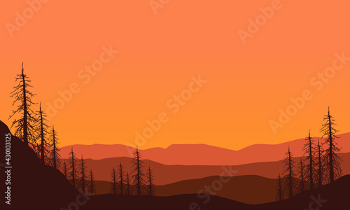 Aesthetic silhouette of mountains and dry trees at dusk from the suburbs. Vector illustration