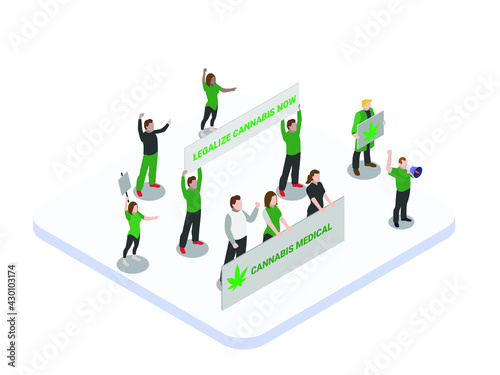 Cannabis legalization vector concept. Group of young activists protesting with banners while calling together to legalize cannabis