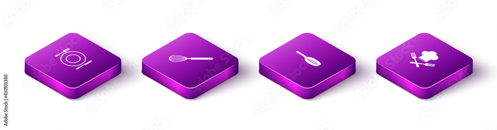 Set Isometric Plate, fork and knife, Kitchen whisk, Frying pan and Chef hat icon. Vector Set Isometric Plate, fork and knife, Kitchen whisk, Frying pan and Chef hat icon. Vector