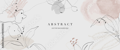 Abstract art background vector. Luxury minimal style wallpaper with golden line art flower and botanical leaves, Organic shapes, Watercolor. Vector background for banner, poster, Web and packaging.