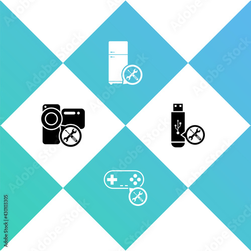 Set Video camera service, Gamepad, Refrigerator and USB flash drive icon. Vector