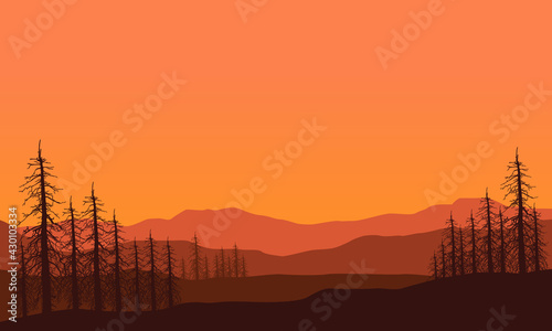 Beautiful views of the mountains at dusk with silhouettes of dry trees around them. Vector illustration