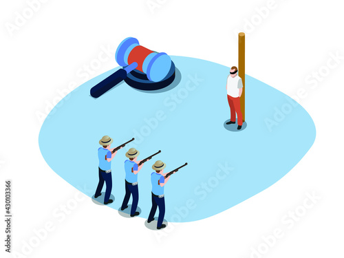Death penalty vector concept. Male prisoner having death penalty while standing with firing squad