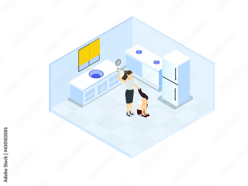 Domestic violence vector concept. Young woman hitting her crying daughter with a frying pan while standing in the kitchen Domestic violence vector concept. Young woman hitting her crying daughter with a frying pan while standing in the kitchen