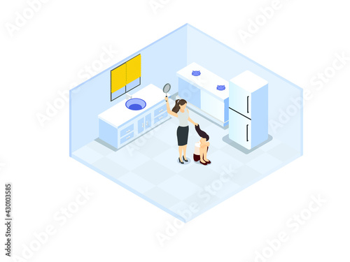 Domestic violence vector concept. Young woman hitting her crying daughter with a frying pan while standing in the kitchen
