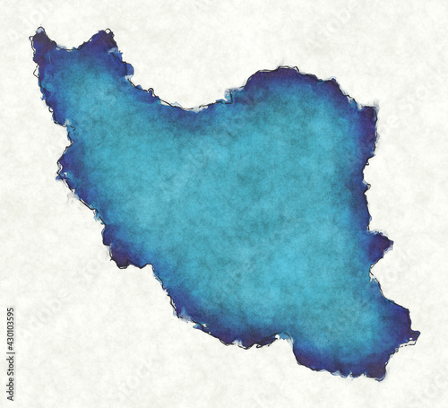 Iran map with drawn lines and blue watercolor illustration