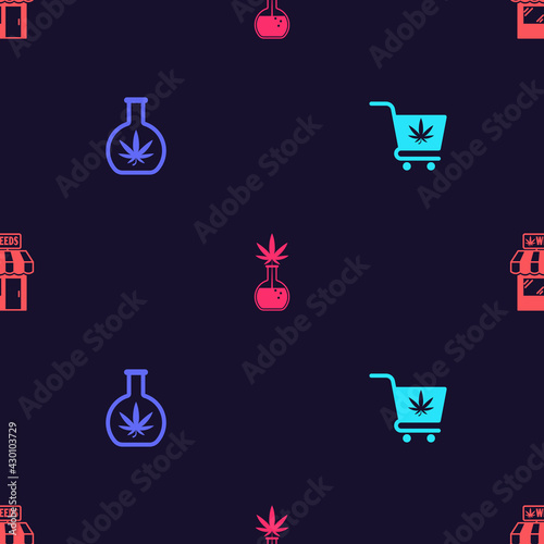 Set Shopping cart with marijuana, Test tube, and Marijuana and cannabis store on seamless pattern. Vector