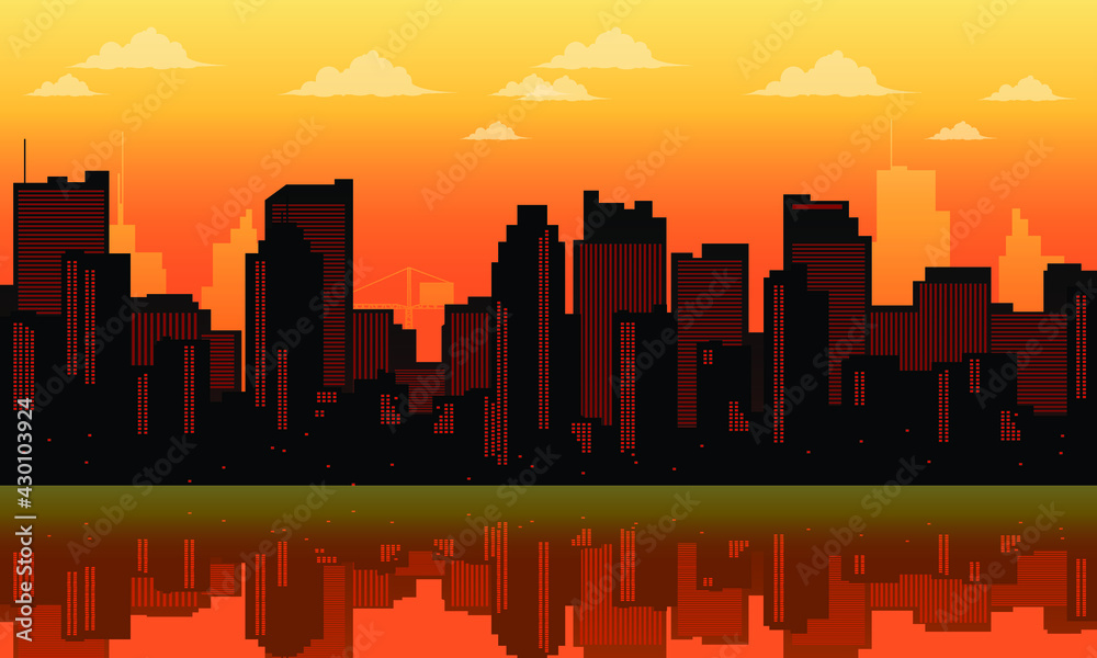 cool city Background silhouette in the evening with city reflection
