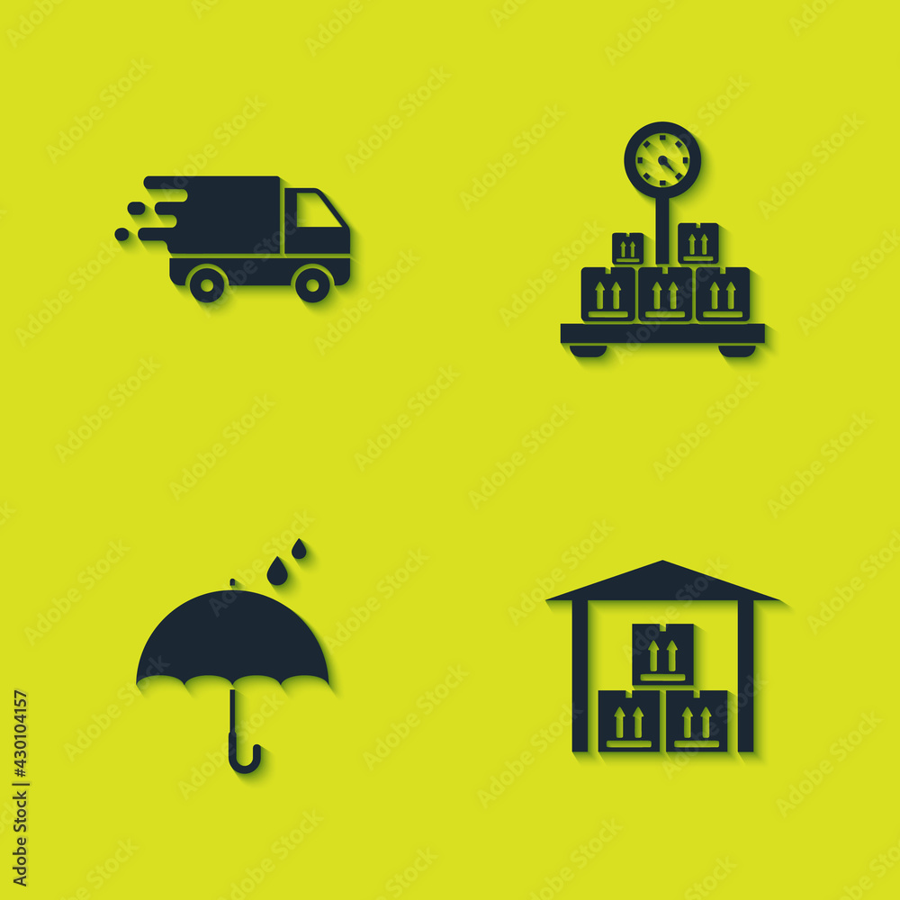 Fototapeta premium Set Delivery truck in movement, Warehouse, Umbrella and rain drops and Scale with cardboard box icon. Vector