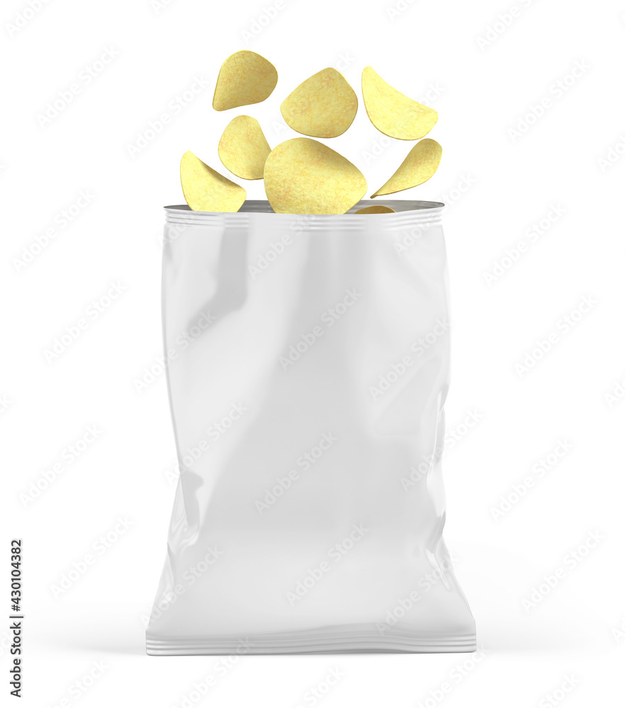 Blank open snack white package bag. Chips packaging isolated on white