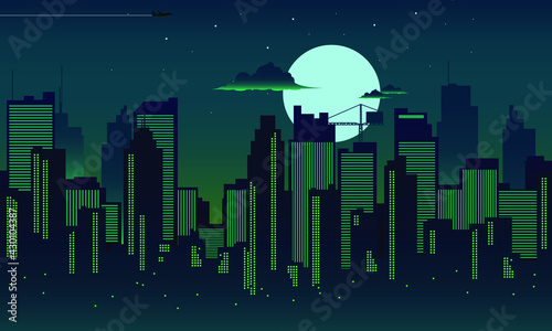 cool city Background silhouette in the night with dark green theme