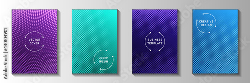 Flat circle faded screen tone front page templates vector set. Business notebook perforated screen