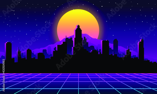 simple Retro city Background Vector silhouette with big moon
