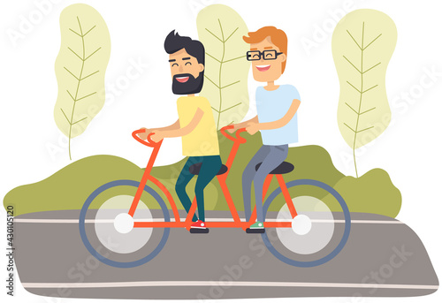 Boys in tandem pedal. Guys on bicycle for two are riding together, active rest. People walking and talking outdoor in park. Happy male characters spend time on street against background of forest