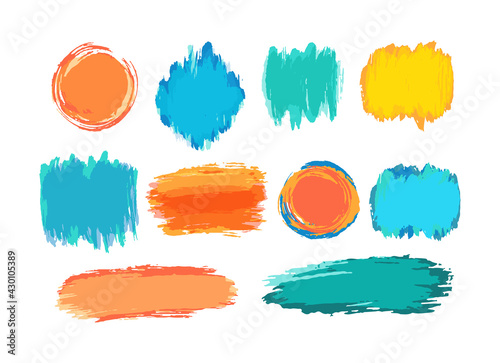 Hand drawn vector brush strokes backgrounds. Color paint spots, watercolor brushstroke set. Acryl artistic paint blobs highlights. Abstract splashes, circle and stains shapes, creative design elements