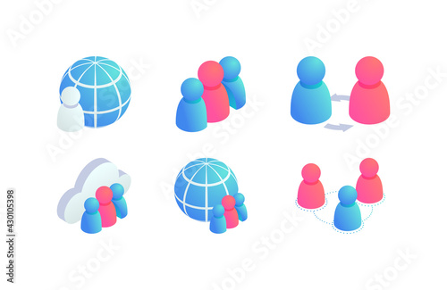 Global people teamwork isometric vector icons set. 3d globe business, social media network users, Internet communication sign, collaboration symbol. User exchange, outsource and data transfer concept