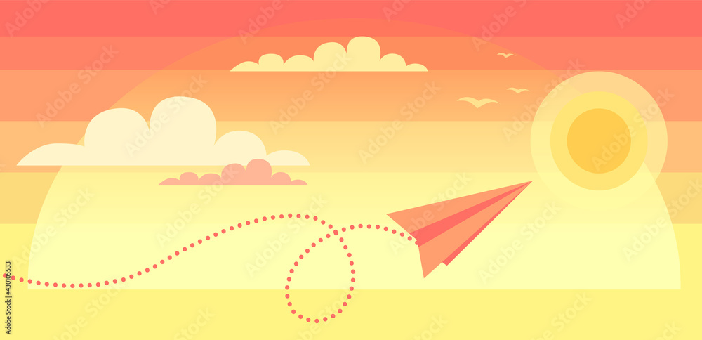 Paper plane flying over sunset sky landscape. Airplane flying among clouds and sun, art style. Pattern design vector illustration. Red airplane on pattern layout. Aircraft flies next to sunset