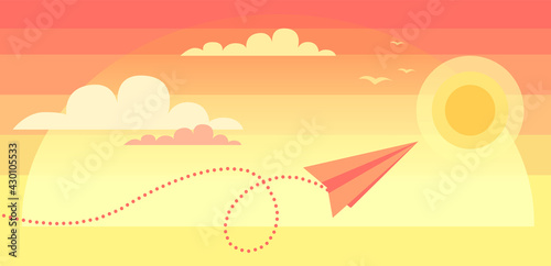 Paper plane flying over sunset sky landscape. Airplane flying among clouds and sun  art style. Pattern design vector illustration. Red airplane on pattern layout. Aircraft flies next to sunset