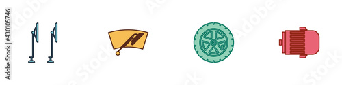 Set Windscreen wiper, , Car wheel and Electric engine icon. Vector