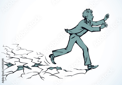 When things get hard, don't stop! A man runs on breaking ice. Vector drawing