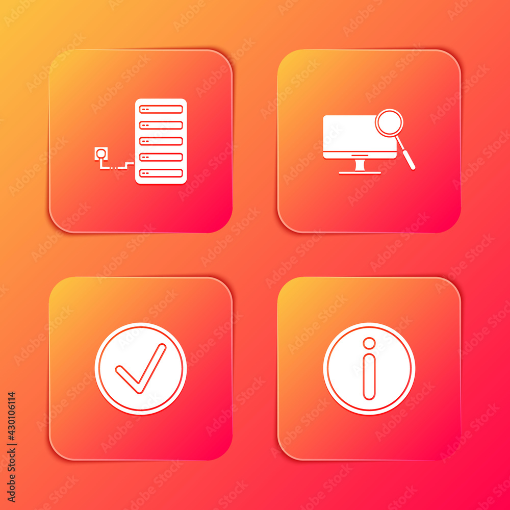 Set Server, Computer monitor diagnostics, Check mark in circle and Information icon. Vector Set Server, Computer monitor diagnostics, Check mark in circle and Information icon. Vector
