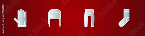 Set Leather glove, Winter hat with ear flaps, Pants and Socks icon. Vector