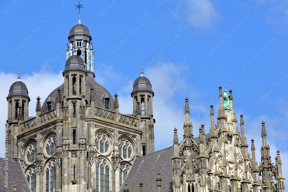 The external facade of the Gothic church St Janskathedraal (St John's Cathedral) in Hertogenbosch, Netherlands , with statues and ornaments