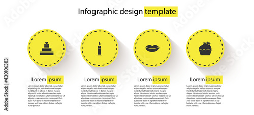 Set Wedding cake with heart, Burning candle, Smiling lips and . Business infographic template. Vector