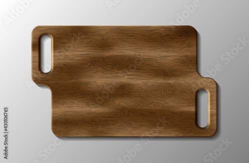 Cutting board with wood texture on a gray background. Abstract vector illustration of a wooden cutting board texture with handles. A blank for creativity