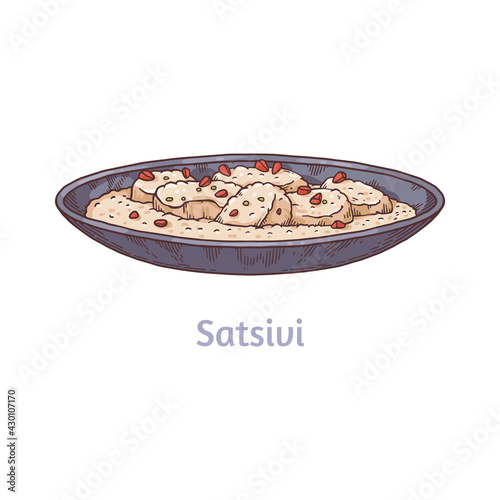 Satsivi course of Georgian cuisine, engraving vector illustration isolated.