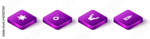 Set Isometric Star of David, necklace on chain, Hands praying position and Church pastor preaching icon. Vector
