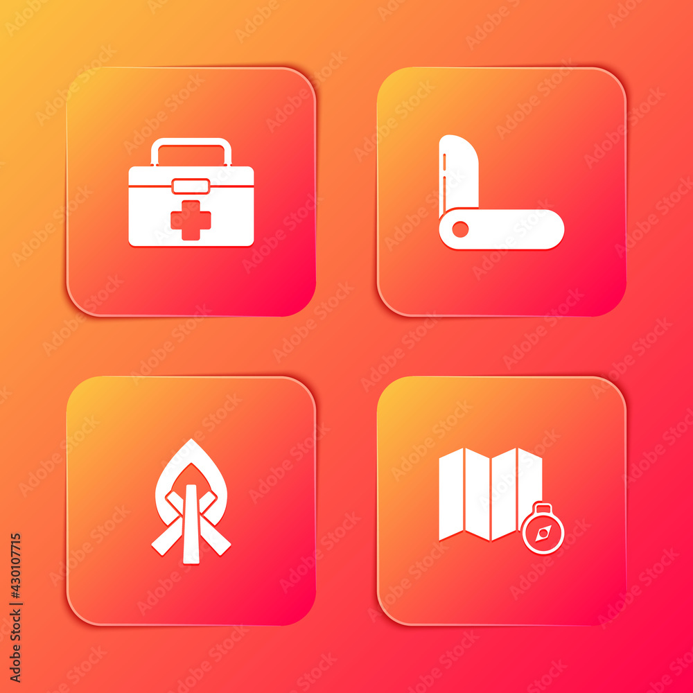 Set First aid kit, Swiss army knife, Campfire and Location of the forest on map icon. Vector Set First aid kit, Swiss army knife, Campfire and Location of the forest on map icon. Vector