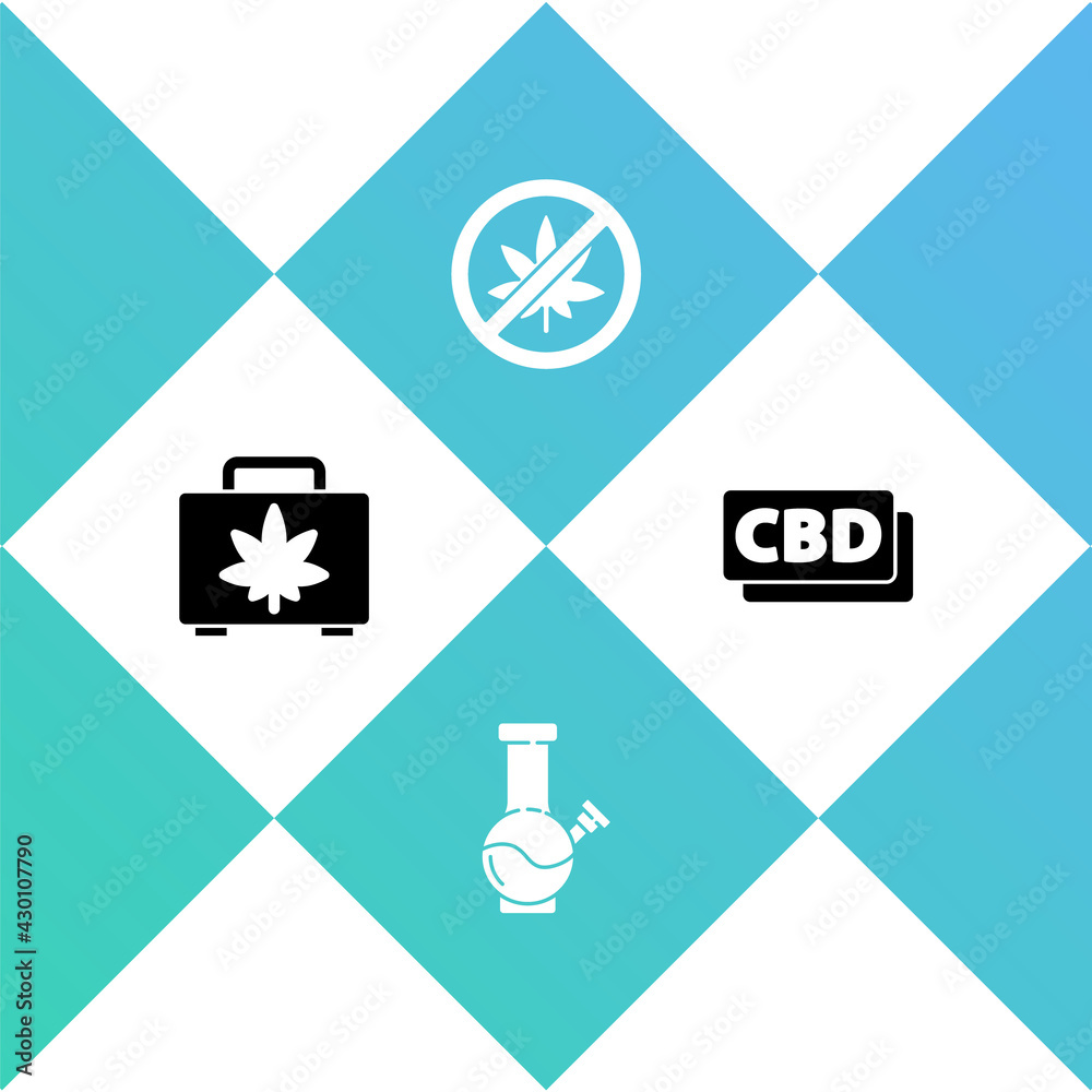 Set Shopping box of marijuana, Glass bong for smoking, Stop cannabis leaf and Cannabis molecule icon. Vector Set Shopping box of marijuana, Glass bong for smoking, Stop cannabis leaf and Cannabis molecule icon. Vector