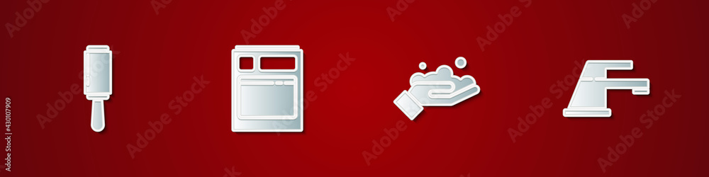 Set Adhesive roller, Kitchen dishwasher machine, Washing hands with soap and Water tap icon. Vector Set Adhesive roller, Kitchen dishwasher machine, Washing hands with soap and Water tap icon. Vector