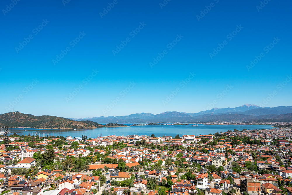 Panoramic view of Fethiye,which is one of the best coastal regions in Turkey, famous with its crystal clear sea, blue sky, unique geography.
