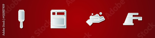 Set Adhesive roller, Kitchen dishwasher machine, Washing hands with soap and Water tap icon. Vector
