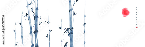 Chinese ink painted background with bamboo and sun. China dream