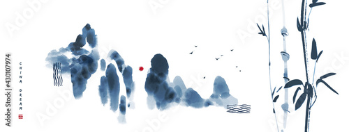 Chinese ink painted background with mountains, bamboo and sun. China dream.