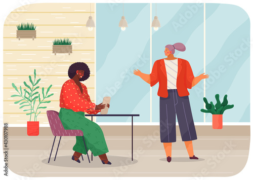 Business meeting or working process in office workspace. Woman boss sitting at table reading document, talking to manager. Project management and teamwork concept. Businesswoman checks report